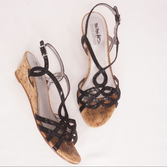 Coach & Four Cork Wedge Sandals with Black Straps - Picture 1 of 9